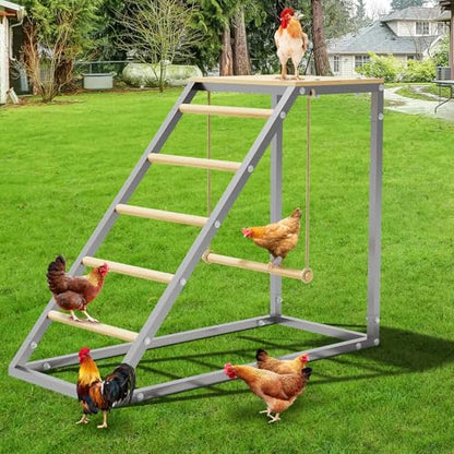 Upgraded Chicken Roost for Coop - 55" Large Galvanized Steel Perch with Wooden Rungs, Multi-Tiered Roosting Bar & Ladder for Hens, Outdoor Poultry Habitat Enrichment Supplies - size: 37.6"L x 15.7"W x 27.5"H