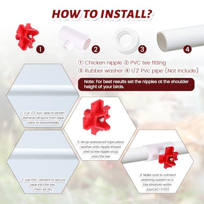 20 Pack Horizontal Chicken Water Nipples with 1/2'' PVC Tee Fittings Automatic Chicken Water Feeder Easy Install Chickens Nipples Waterer Horizontal Side Mount Poultry Nipple Waterer