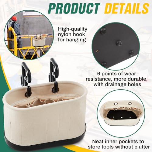 Vesici 1 Set Canvas Bucket Bag Including Hooks Aerial Oval Tool Bucket with Black Polypropylene Bottom 15 Pockets Lineman Tool Bag Organizer for Industrial Maintenance Construction Sites (White) - color: White