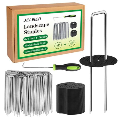 JELNER Garden Stakes,6 Inch 11 Gauge 50pcs Galvanized Landscape Staples + 50pcs Gaskets + 1Pick Hook,Tent Stakes Landscaping Fabric SOD Pins for Weed Fabric Barrier,Groud Cover,Fence
