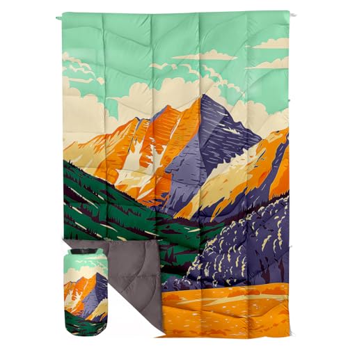 Outdoor Puffy Camping Blanket, Lightweight Down Alternative Puffy Printed Camping Large Ultra Warm Hammock Top Quilt Waterproof Blanket for Traveling Picnic Beach Party Cold Weather (Peak) - color: Peak