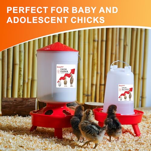 2-in-1 Chick Starter Set: 0.8 Gal Top Filling Feeder and 0.4 Gal Waterer with Adjustable Legs for Baby Chicks, Includes Scoop, Hanging Hooks, Anti-Drown Design (Red) - size: 0.8 Gal Feeder & 0.4 Gal Waterer