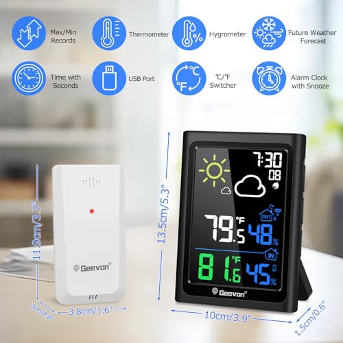 Geevon Indoor Outdoor Thermometer Wireless Weather Station with Color Display, Digital Hygrometer Temperature Humidity Monitor with Alarm Clock and Backlight