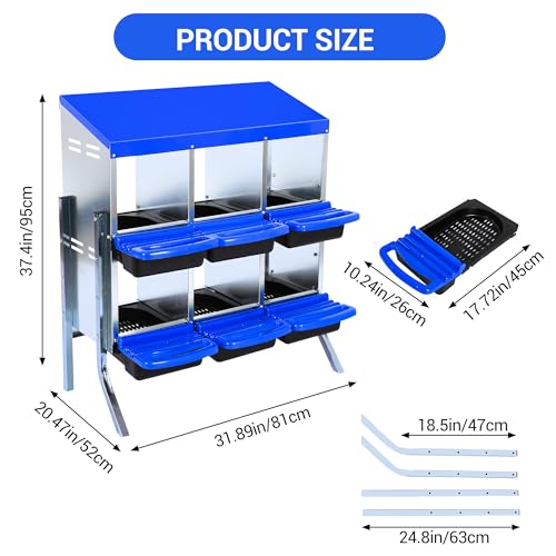 Chicken Nesting Box 6-Hole Roll Away Egg Laying Box with Lid & Stand, Galvanized Steel Rustproof Poultry Coop Box, Wall Mountable No Bracket Needed for Hens, Blue - color: Blue, size: 6 holes with legs