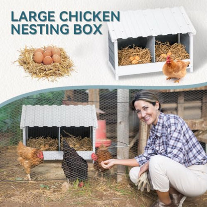PETSFIT 2 Holes Chicken Nesting Box-All Weather PVC Roof, Natural Wood Design with Privacy Back Panel for Hens-Wall Mounted or Floor Use in Coops, Farms, Backyards,Easy to Assemble and Clean - size: 2 Holes
