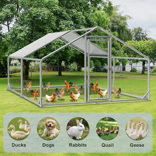 Large Outdoor Chicken Coop with Run, Metal Walk-in Poultry Cag with Waterproof & Anti-UV Cover Lockable Doors,Ducks Coop and Other Small Animals for Yard/Farm/Ranch (13.16'L x 9.88'W x 6.59'H) - size: 13.16'L x 9.88'W x 6.59'H