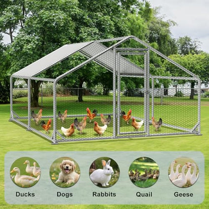 Large Outdoor Chicken Coop with Run, Metal Walk-in Poultry Cag with Waterproof & Anti-UV Cover Lockable Doors,Ducks Coop and Other Small Animals for Yard/Farm/Ranch (13.16'L x 9.88'W x 6.59'H) - size: 13.16'L x 9.88'W x 6.59'H