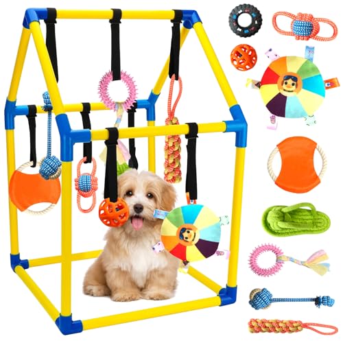 Puppy Play Gym with 9 Hanging Toys, Interactive Dog Enrichment Playground, Removable Indoor Training Activity Center for Puppies & Small Dogs, Adjustable PVC Frame, Teething & Squeaky Toys Included