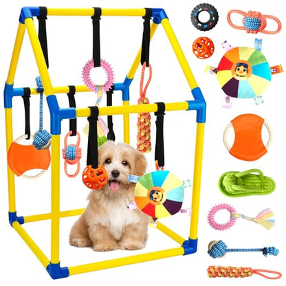 Puppy Play Gym with 9 Hanging Toys, Interactive Dog Enrichment Playground, Removable Indoor Training Activity Center for Puppies & Small Dogs, Adjustable PVC Frame, Teething & Squeaky Toys Included
