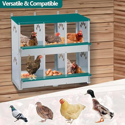 Rustproof Galvanized Steel Build - Chicken Nesting Box for Small Animals - 6 Compartments, Large Vented Holes, Easy Clean, Secure Egg Collection, Wall-Mounted - Green, 6 Compartments ZW - color: Green | 6 Compartments+legs