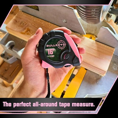 Bullseye Tape Measure 16 Foot | Pink | Premium-Quality Retractable Measuring Tape with Pause Buttons | Easy to Read Measurements in Standard & Metric - Centimeters & Inches