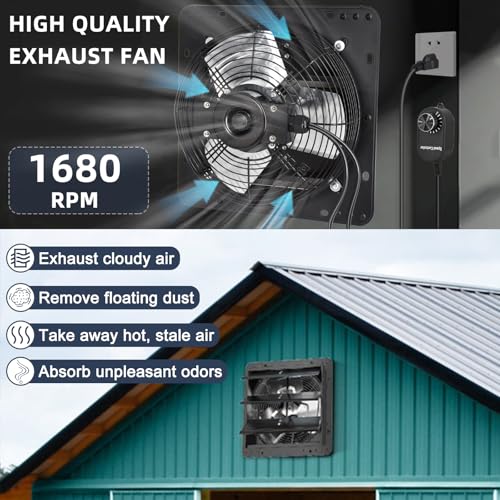 Criditpid 12 Inch Shutter Exhaust Fan with Speed Controller Switch, 970 CFM High Speed Vent Fans, 1700 RPM Wall Mounted Kitchen Exhaust Fans, Vent Fan for Attic, Gable, Shed, Garage Ventilation, Black - color: with Speed Controller, size: 12 Inch Exhaust