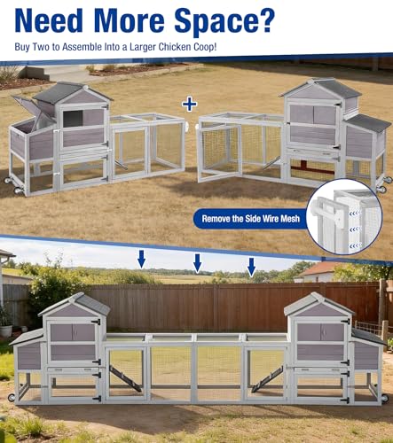 Chicken Coop with Run Mobile Large Chicken Coop with Wheels Duplex Chicken Cage with Slide-Out Tray Waterproof Roof Outdoor Backyard Hen House Grey - color: Grey