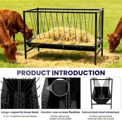 70 Gallon Livestock Hay Feeder, Metal Hay Rack with 25 Gallon Feeding Trough, Dual-Purpose Feeder for Goats, Sheep, Calves, Cows and Horses, Durable for Pasture Feeding