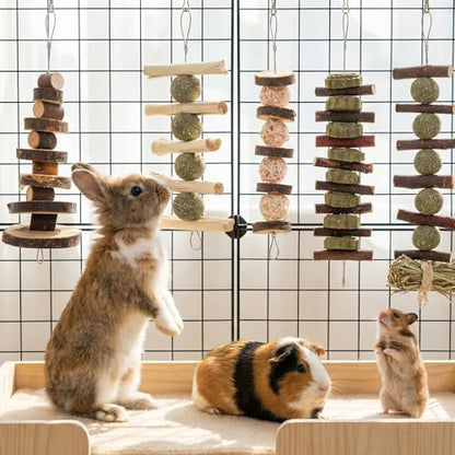 7 Pcs Bunny Chew Toys, Natural Apple Wood Hanging Rabbit Chew Toy Treats for Guinea Pigs Hamsters Chinchilla Ferret Rats, Improve Small Animal Dental Health for Teeth Grinding
