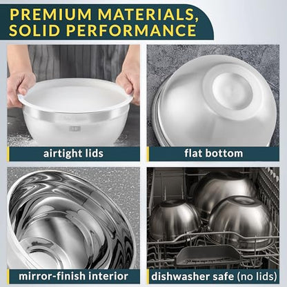 Baker's Signature Stainless Steel Mixing Bowls With Lid, Metal Mixing Bowl Set Of 3, Nesting Set For Food Prep, Baking,Storage, Cooking, Serving | Dishwasher Safe, Silver, 1.5/3/5 Qt - size: Set of 3