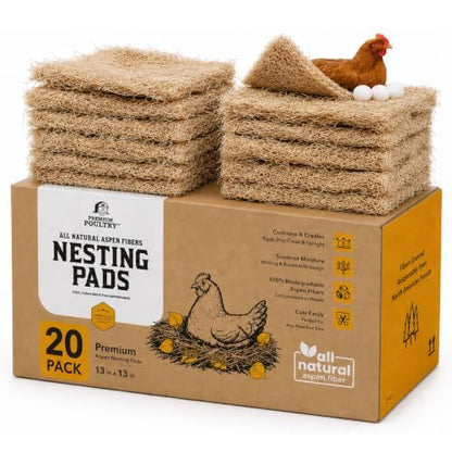 Chicken Nesting Pads 20 Pack Made in USA for Laying Hens, Aspen Excelsior Nest Box Liners for Chicken Coop Nesting Boxes, 13 x 13 in Trim-to-Fit Bedding Pads for Cleaner Eggs and Easy Coop Cleanup