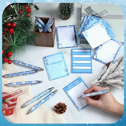 Dispowreath 24 Pcs Winter Sticky Notes with Pens Blue Snowflake Themed Gifts Self Adhesive Notepad Cute Memo Note Pads Black Ink Ballpoint Pen for Holiday Gifts Office Teacher Supplies - style: Blue Xmas
