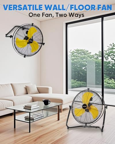 KEN BROWN 20 Inch Wall Mount Fan or Floor Fan 5000 CFM, High Velocity Industrial Shop Fan with Dual 720° Rotation, 3-Speed Heavy Duty Metal for Garage, Patio, Barn, Porch - size: 20 inch Wall Fan