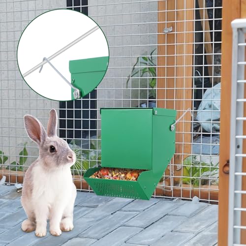 2 Pcs 4.7 Inch Small Animal Feeder with Lid, Heavy Duty Metal Food Dispenser for Rabbits, Guinea Pigs, Chinchillas, Large Capacity, Sifter Bottom, Green