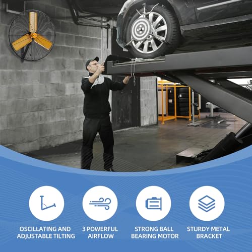 30 inch Oscillating High Velocity Wall Mount Fan, 8550 CFM Industrial Heavy Duty Metal Wall Fans, 3 Speeds, Adjustable Height and Tilt, Commercial Shop Fan for Garage, Workshop - size: 30 Inch - Indoor