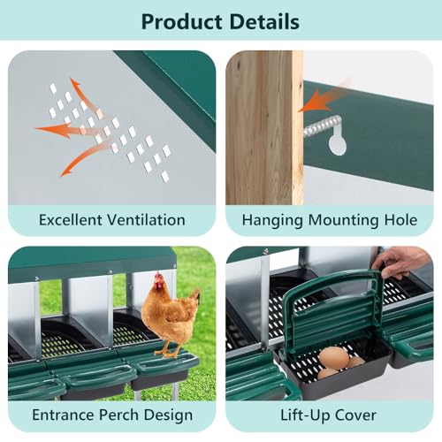 10-Bay Galvanized Steel Nesting Box for Chickens and Ducks, Wall-Mounted Poultry Laying Coop with Ventilation, Durable Rust-Resistant Design for Backyard Farms (4-Hole with Legs,Green) - color: 4-Hole With Legs,Green