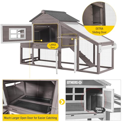 Aivituvin Chicken Coop Outdoor with Wheels, Mobile Hen House Wooden Poultry Cage with Run & Waterproof Roof (Grey with White)