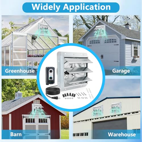 12 inch Shutter Exhaust Fan with Speed & Thermostat Control, 1400 SQ. Ft Coverage Area, 960 CFM, Upgrade Wall Mount Attic Vent Fan for Greenhouse, Garage, Chicken Coops Ventilation Fans - size: 12 inch