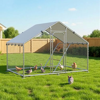 Large Metal Chicken Coop with Roosting Perch, Waterproof and UV-Resistant Cover,Outdoor Walk-in Cage Hen House for Yard Farm Rabbit Duck Chicken Run with Spire Roof(9.9'W x 5'L x 6.4'H) - size: 59.9"L x 118.0"W x 78.0"H