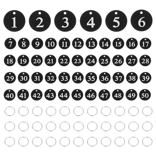 PATIKIL 50PCS Number Tags 1-50, Number Key Tags Aluminum Numbered Keychain Metal Round with Key Rings for Organizer Field Sales Hangers Clothes Labels ID, Black - color: Black