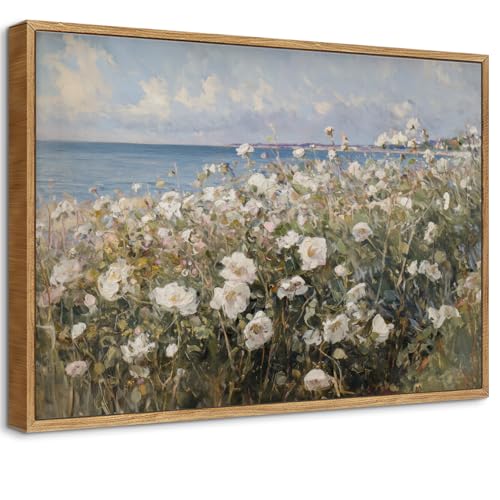 Framed Coastal Wildflower Field Landscape Canvas Wall Art White Daisy Seaside Print Wall Decor Farmhouse Floral Pictures Spring Summer Painting Artwork for Living Room Bedroom Bathroom 24x16 In - color: canvas, size: 24"L x 16"W