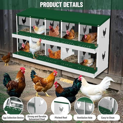 10-Room Galvanized Metal Chicken Nesting Boxes - Rustproof Poultry Laying Boxes with Perch Rod & 8 Fake Training Eggs, Durable Hen Nest Boxes for Chicken Coops, Easy to Clean, Hens Laying Eggs, Green