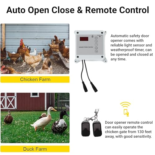 Automatic Chicken Coop Door Timer Remote Control Solar Powered Light Sensor Safe Opener Kit for Poultry Run Duck Coop(US Plug)