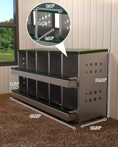 Chicken Nesting Box, 10 Compartment Roll Away Laying Box for Hens, Heavy-Duty Galvanized Steel, Front Egg Collection Tray, 10 Training Eggs Included - color: Green, size: 10 Compartments & 10 Eggs