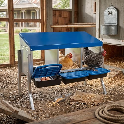 Metal Chicken Nesting Box - Heavy Duty Roll Away Nesting Boxes for Chickens Coop with Easy-Collect Tray & Lid, 3 Hole Galvanized Steel Egg Laying Boxes for Hens Ducks, Wall Mount or Freestanding - color: Blue, size: 3 Holes with legs