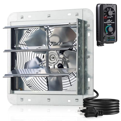 iLiving 10" Wall Mounted Shutter Exhaust Fan, Automatic Shutter, with Thermostat and Variable Speed controller, 65W, 820 CFM, 1200 SQF Coverage Area Silver (ILG8SF10V-ST) - style: Plugin Thermostat & Speed Controller