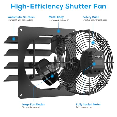 Shutter Exhaust Fan, 12'' Wall Mount Attic Fan with Speed Controller, Automatic Shutter, 1600 RPM, 5 Speed Adjustable, Ventilation and Cooling for Attic, Garage, Greenhouse - size: 12 Inchs