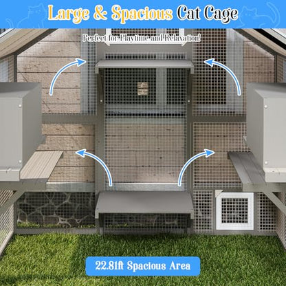 Ketive Cat Catio Outdoor Enclosure for Multiple Cats, Large Wooden Walk-in Cat House with Window Connection, 2 Condos, Platforms, Doors, and Weatherproof Roof Cover (69.5" L x 47" W x 71" H) - size: 69.5"L x 47.0"W x 71.0"H