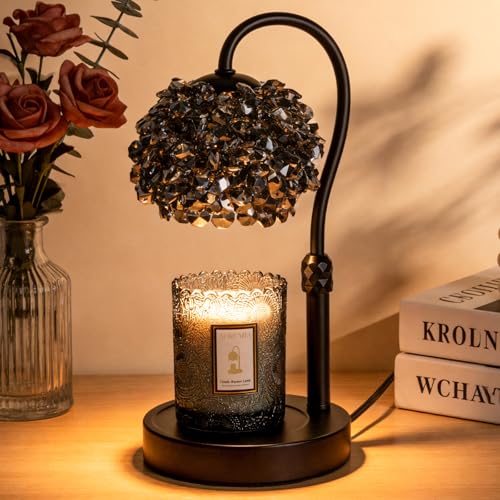 Luxury Candle Warmer Lamp with Timer, Crystal Gemstone Shade & Premium Base - Adjustable Wax Melt Warmer for Home Decor (Black) - color: Black