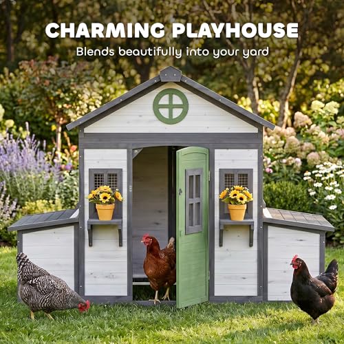 PawHut Wooden Chicken Coop, Hen House for 2-4 Hens, Outdoor Playhouse Poultry Cage with 2 Nesting Boxes, Waterproof Roof, Windows, Chicken Hutch for Farm Backyard, 72" x 50" x 54", White - color: White