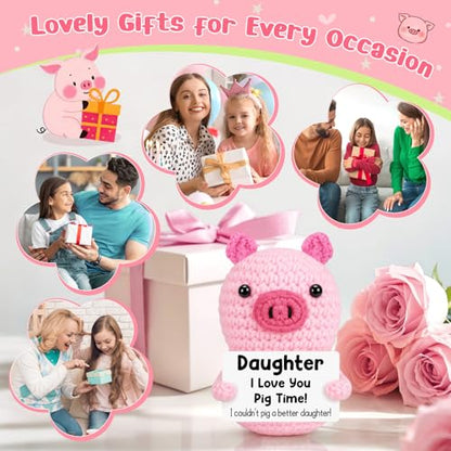GevGuxLuo Funny Birthday Gifts for Daughter from Mom Dad-Mini Inspirational Positive Handmade Crochet Pink Pig Animal Gifts,Mothers Day Birthday Daughter Gift for Teen Girls Adult Graduation Gift - style: Daughter
