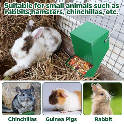2 Pcs 4.7 Inch Small Animal Feeder with Lid, Heavy Duty Metal Food Dispenser for Rabbits, Guinea Pigs, Chinchillas, Large Capacity, Sifter Bottom, Green
