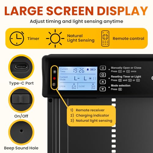 Okkobi Automatic Chicken Coop Door Solar Powered - LCD Display - Chicken Coop Door with Light Sensor & Timer - Security & Peace of Mind: Anti-Pinch Function - 5-Year Protection - Black - color: Black