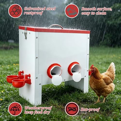 2 in 1 Metal Large Chicken Feeder and Waterer Set 35 LB No-Waste Design Automatic Chicken Feeder and Waterer for Outdoor Coops with 4 Feeding Ports and 5 Water Cups