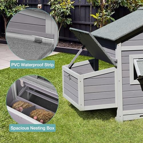 Outdoor Chicken Coop with 2 Large Nesting Boxes, Wooden Hen House Poultry Cage with Waterproof Roof, Leakproof Pull Out Tray,Rabbit Hutch Duck Cage - color: Grey, size: 67.3"L x 36.8"W x 40.6"H