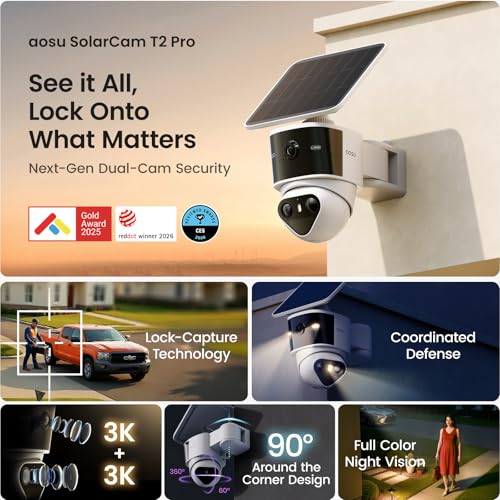 aosu T2 Pro Security Cameras Wireless Outdoor, 3K Dual Cam No Blind Spot Security Camera for Home, 170° Wide + 360° PTZ, AI Human Vehicle Tracking, Solar Powered, Local Storage - style: solo-Cam