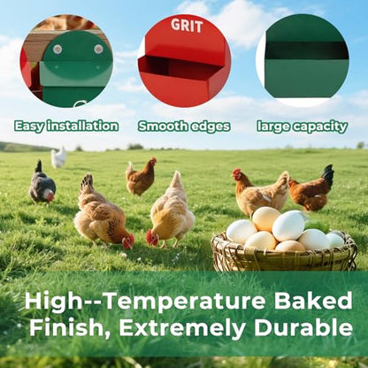 Rustproof Chicken Grit and Oyster Shell Feeder 2 Pack, Heavy Duty Metal Poultry Feeders for Coop or Fence, Rainproof Dual Compartment Wall Mounted Feeder for Outdoor Chicken Coops