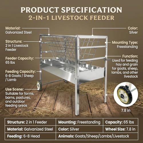 Wheeled Livestock Feed Trough, Galvanized Steel Hay Rack with Waste Reduction Tray, 2-in-1 Feeder for Goats Sheep and Lambs in Pasture