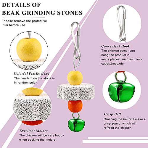 Sumind 2 Pieces Chicken Mirror Toys Hanging Swing Mirror with Bell Wooden Pecking Toy and 4 Pieces Beak Grinding Molar Stones for Hens Birds Parrots - color: Rose Red,Yellow