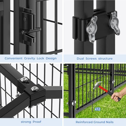 4x4x4.5ft Outdoor Dog Kennel, Metal Heavy Duty Dog Run with Rotating Door & 2 Adjustable Bowls, Dog Kennel Outside with Waterproof Cover, Pet Enclosure Indoor for Small/Medium/Large Dogs